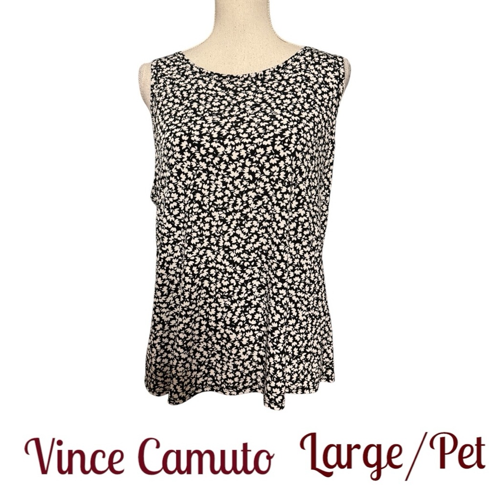 ❤️Vince Camuto Black/White Print Top/Shell Back Detail  SZ:  LARGE/PETITE   #R - Picture 2 of 9
